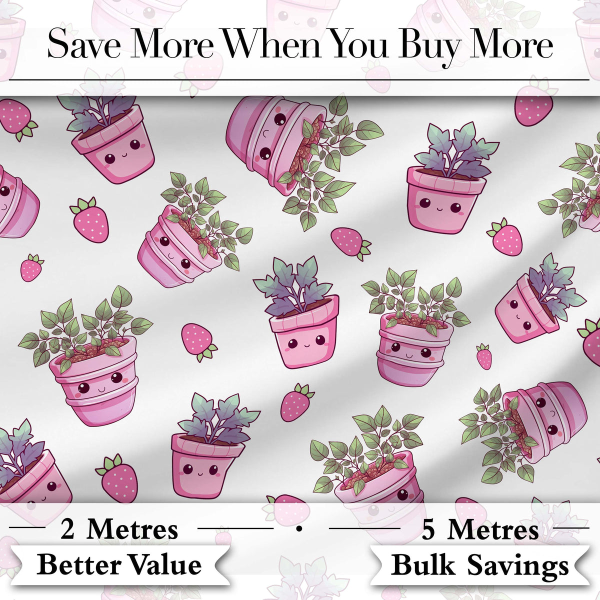 Cute Pink Plant Pots Leaves Strawberry Seamless Pattern Light Grey Background Digital Print Fabric by the Metre UK Sewing Quilting Textile