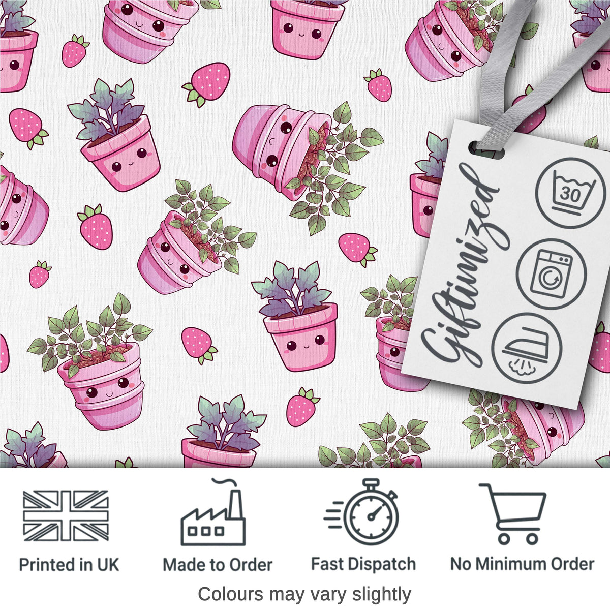 Cute Pink Plant Pots Leaves Strawberry Seamless Pattern Light Grey Background Digital Print Fabric by the Metre UK Sewing Quilting Textile