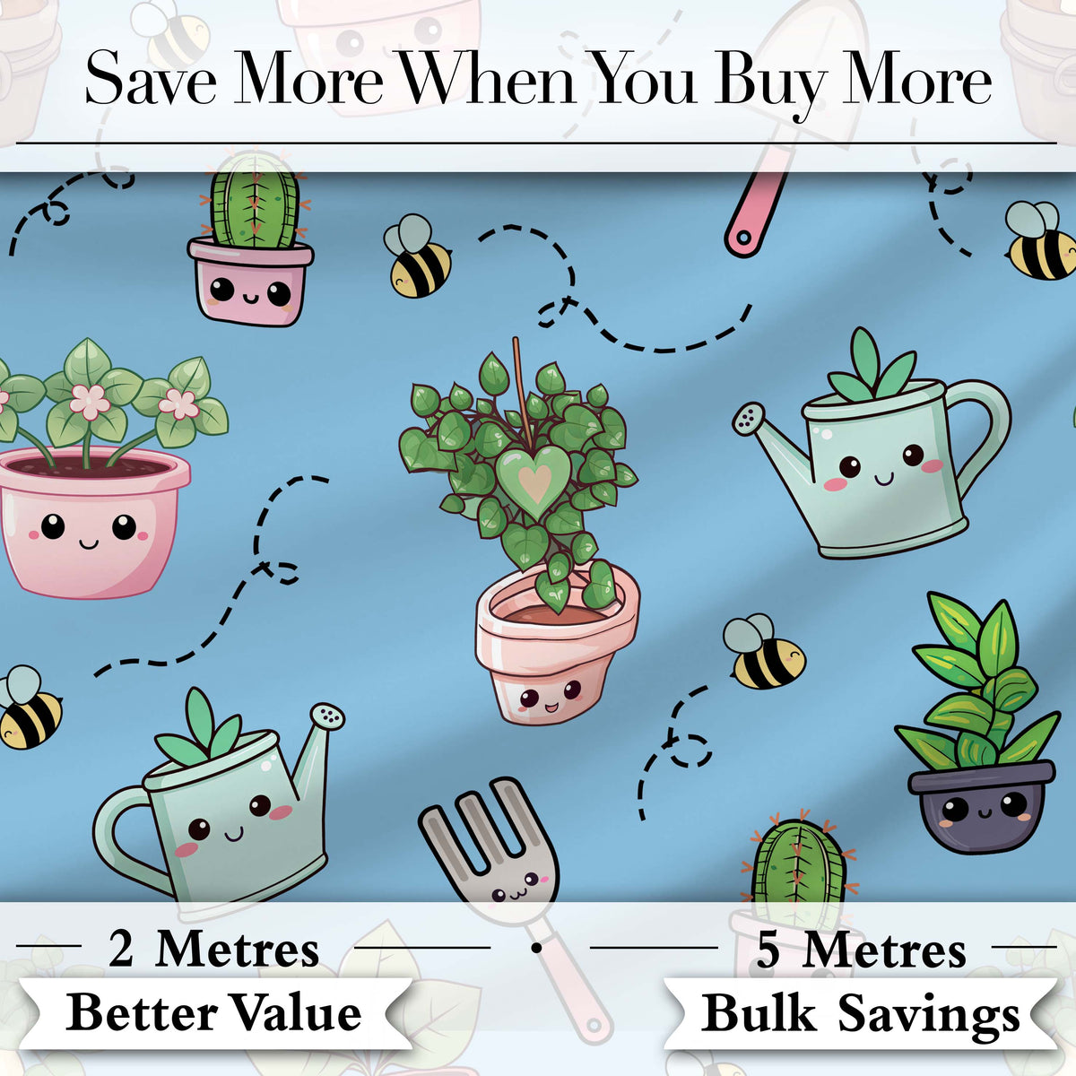 Cute Kawaii Garden Tools Plants Bees Seamless Pattern Blue Background Digital Print Fabric by the Metre UK Sewing Quilting Textile