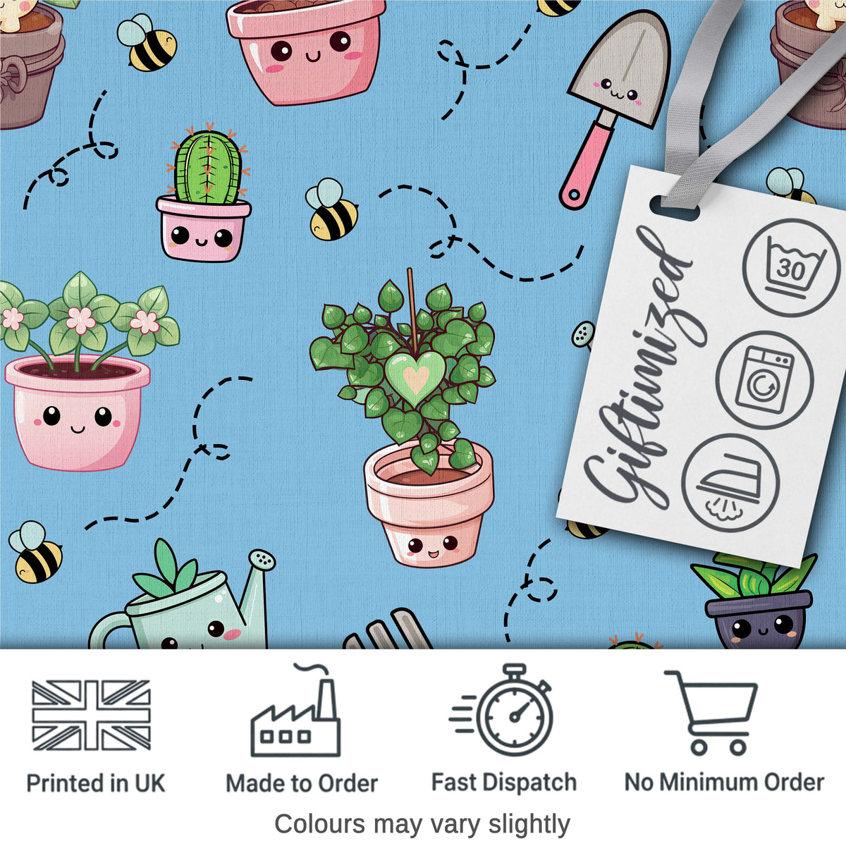Cute Kawaii Garden Tools Plants Bees Seamless Pattern Blue Background Digital Print Fabric by the Metre UK Sewing Quilting Textile