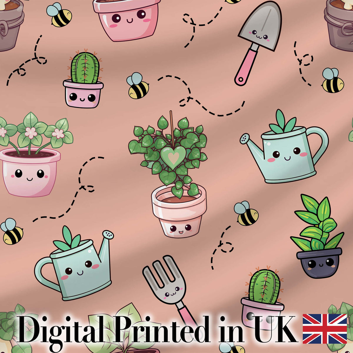 Cute Kawaii Garden Tools Plants Bees Seamless Pattern Peach Background Digital Print Fabric by the Metre UK Sewing Quilting Textile