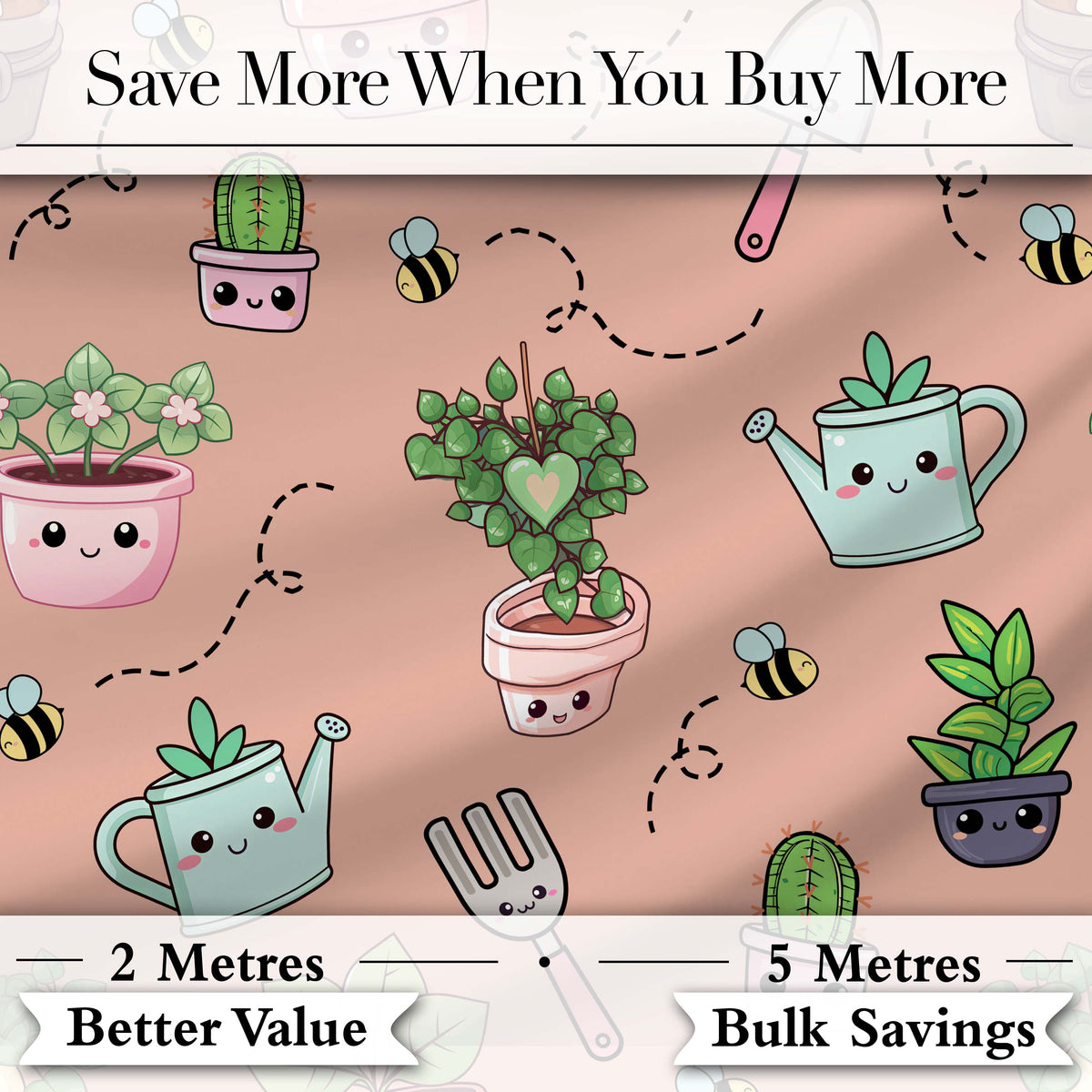 Cute Kawaii Garden Tools Plants Bees Seamless Pattern Peach Background Digital Print Fabric by the Metre UK Sewing Quilting Textile