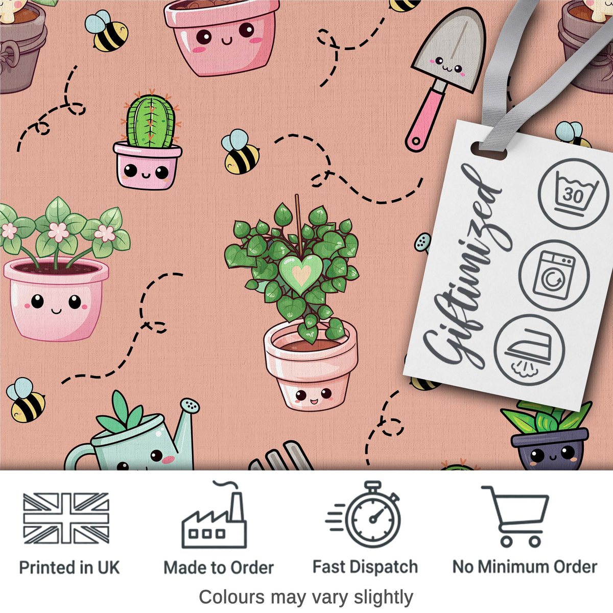 Cute Kawaii Garden Tools Plants Bees Seamless Pattern Peach Background Digital Print Fabric by the Metre UK Sewing Quilting Textile