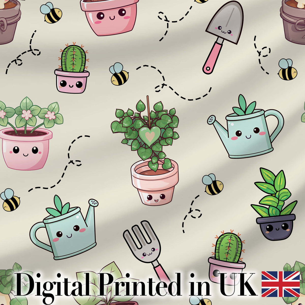 Cute Kawaii Garden Tools Plants Bees Seamless Pattern Cream Background Digital Print Fabric by the Metre UK Sewing Quilting Textile