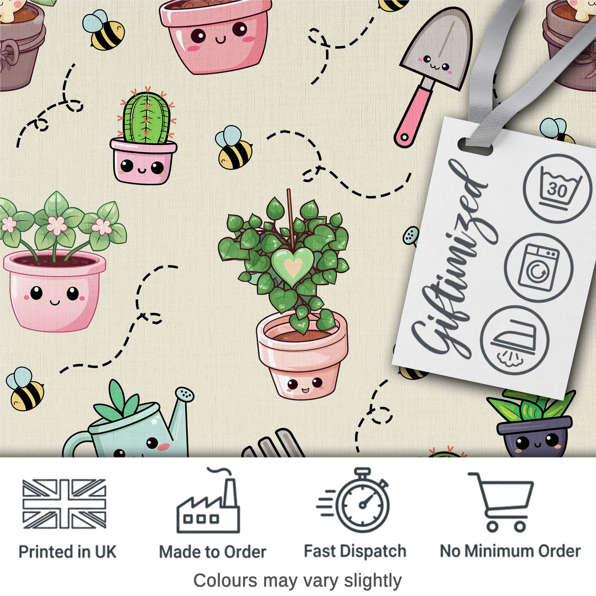 Cute Kawaii Garden Tools Plants Bees Seamless Pattern Cream Background Digital Print Fabric by the Metre UK Sewing Quilting Textile