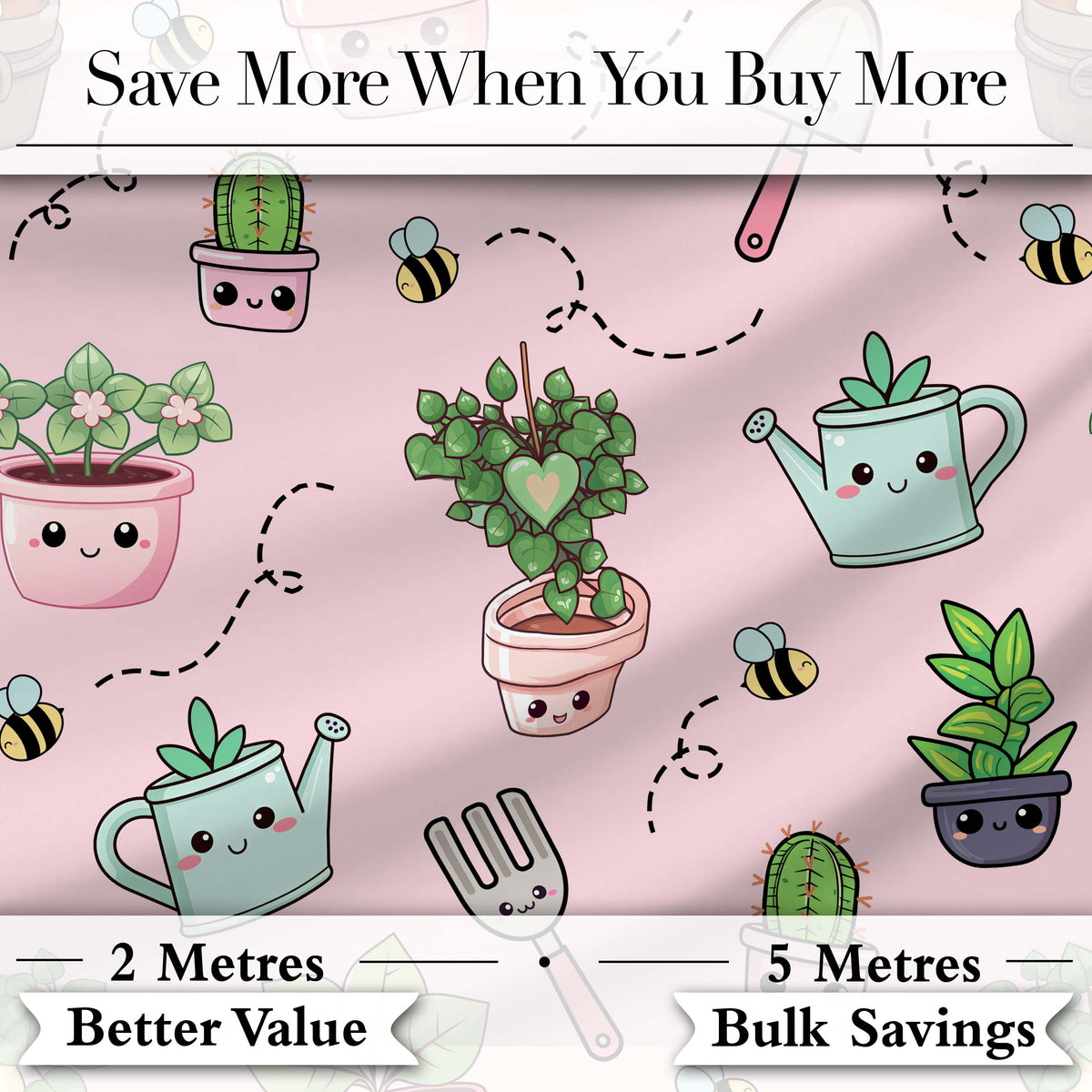 Cute Kawaii Garden Tools Plants Bees Seamless Pattern Blush Background Digital Print Fabric by the Metre UK Sewing Quilting Textile