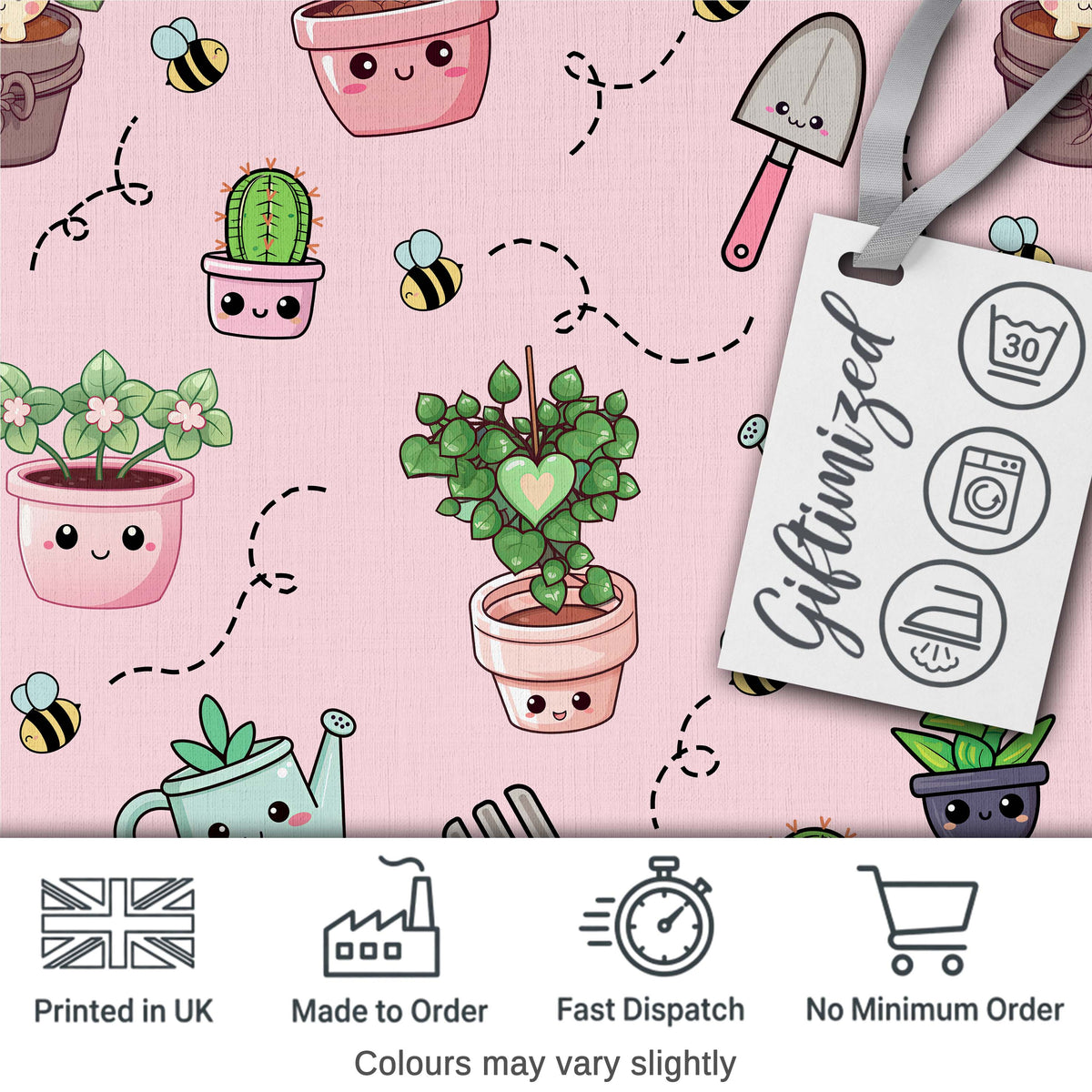 Cute Kawaii Garden Tools Plants Bees Seamless Pattern Blush Background Digital Print Fabric by the Metre UK Sewing Quilting Textile