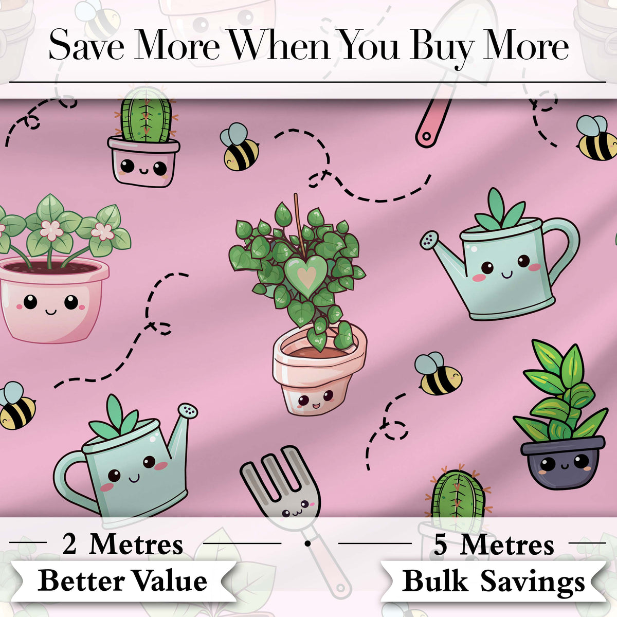 Cute Kawaii Garden Tools Plants Bees Seamless Pattern Pink Background Digital Print Fabric by the Metre UK Sewing Quilting Textile