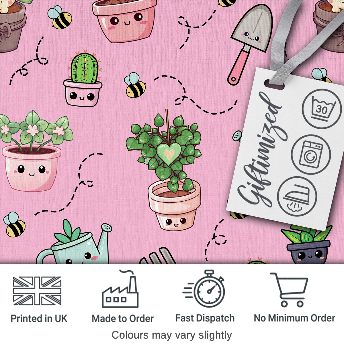 Cute Kawaii Garden Tools Plants Bees Seamless Pattern Pink Background Digital Print Fabric by the Metre UK Sewing Quilting Textile