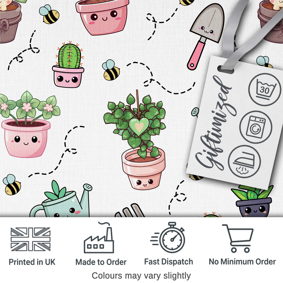 Cute Kawaii Garden Tools Plants Bees Seamless Pattern Grey Background Digital Print Fabric by the Metre UK Sewing Quilting Textile