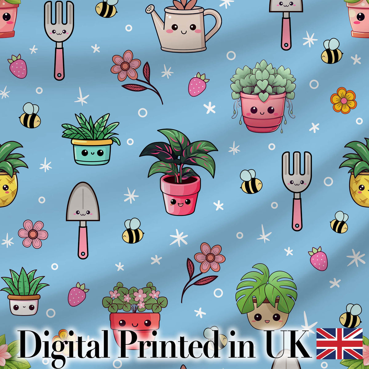 Cute Kawaii Garden Tools Plants Bees Seamless Pattern Blue Floral Background Digital Print Fabric by the Metre UK Sewing Quilting Textile