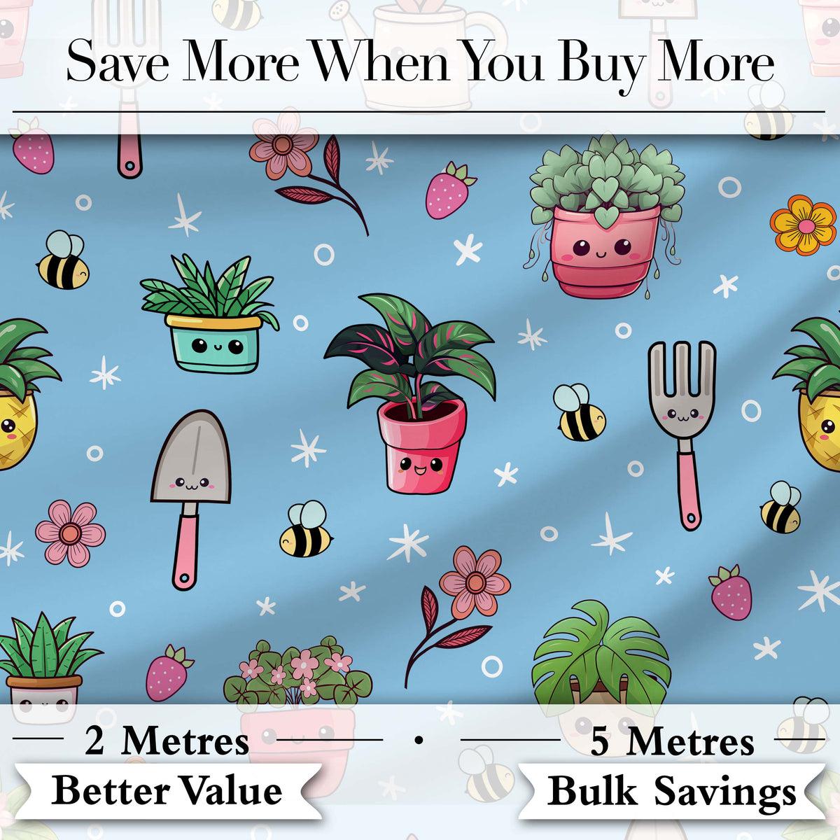 Cute Kawaii Garden Tools Plants Bees Seamless Pattern Blue Floral Background Digital Print Fabric by the Metre UK Sewing Quilting Textile