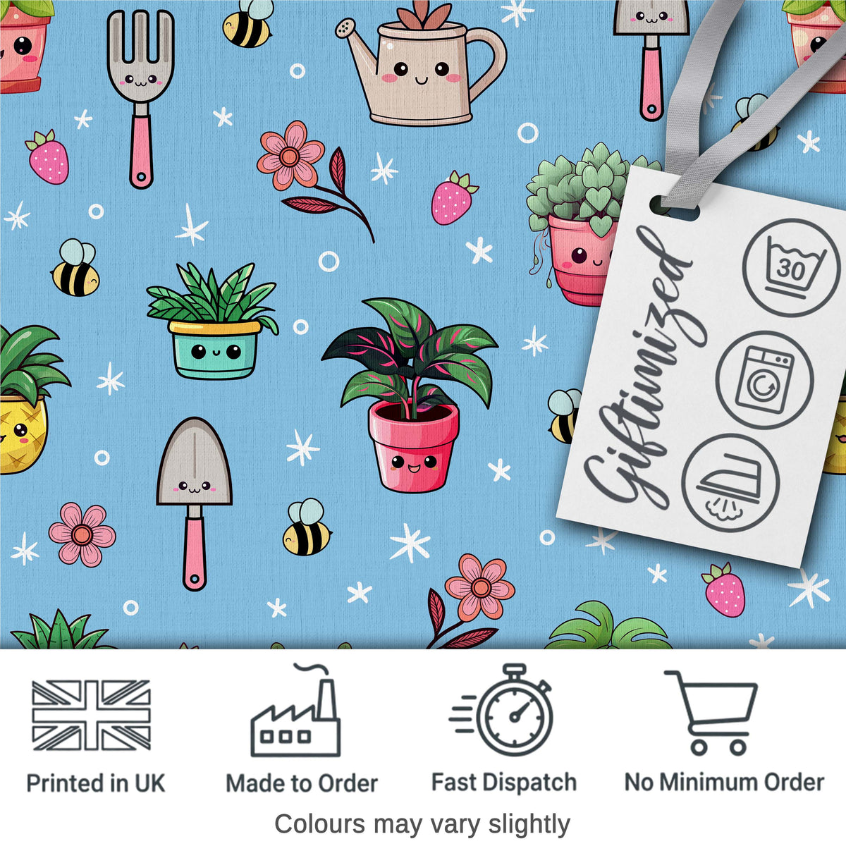 Cute Kawaii Garden Tools Plants Bees Seamless Pattern Blue Floral Background Digital Print Fabric by the Metre UK Sewing Quilting Textile