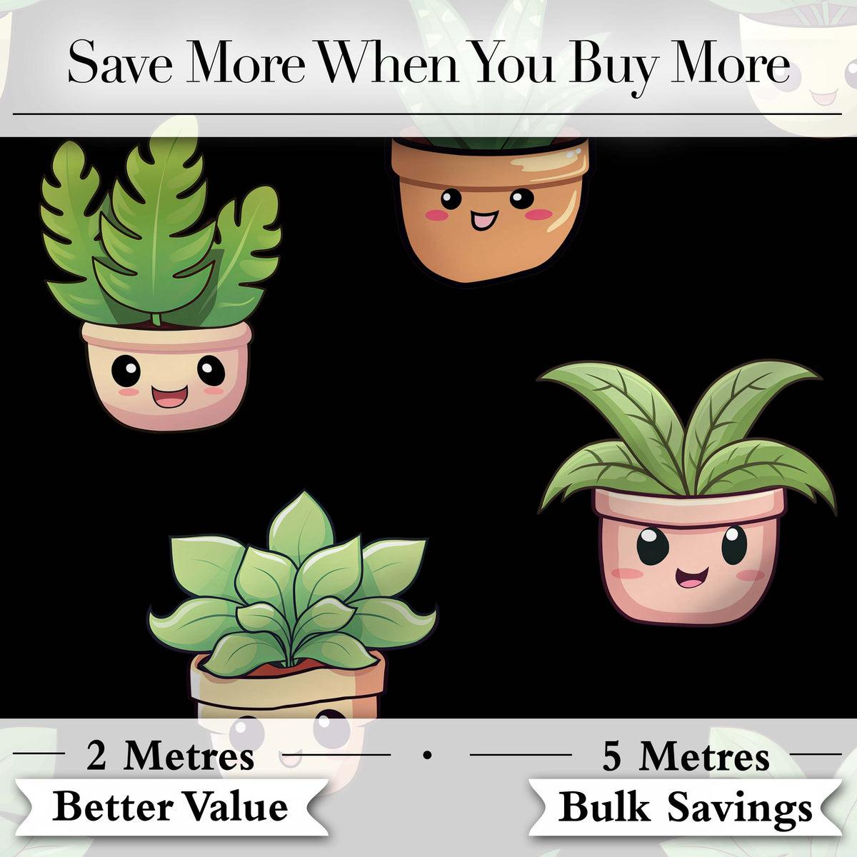 Cute Kawaii Cute Plant Pots Leaves Seamless Pattern Black Background Digital Print Fabric by the Metre UK Sewing Quilting Textile