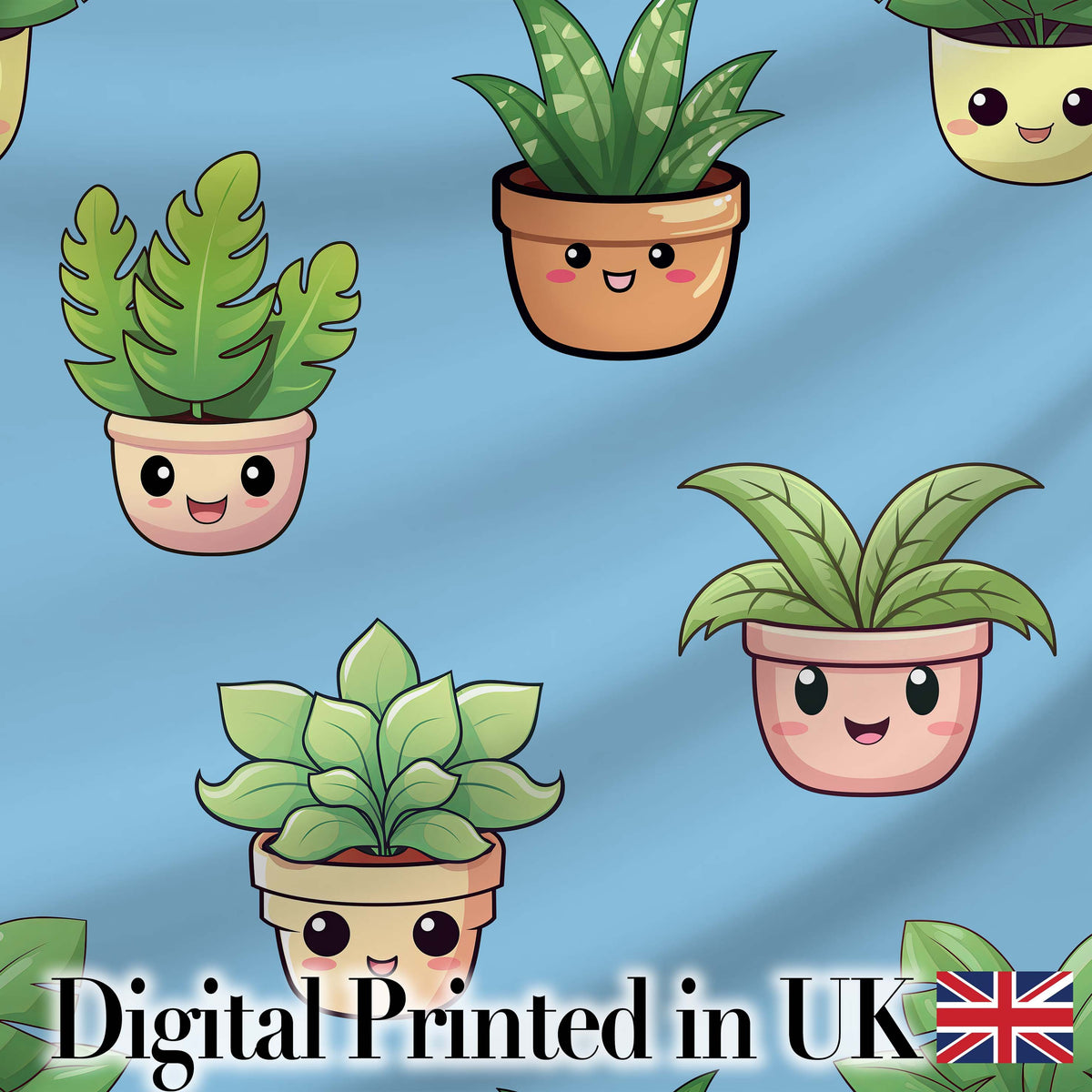 Cute Kawaii Cute Plant Pots Leaves Seamless Pattern Blue Background Digital Print Fabric by the Metre UK Sewing Quilting Textile