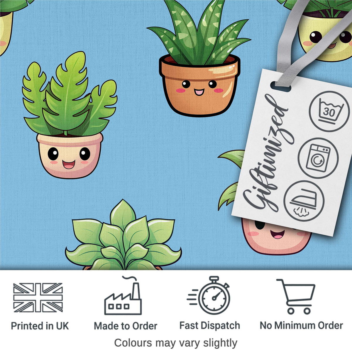 Cute Kawaii Cute Plant Pots Leaves Seamless Pattern Blue Background Digital Print Fabric by the Metre UK Sewing Quilting Textile
