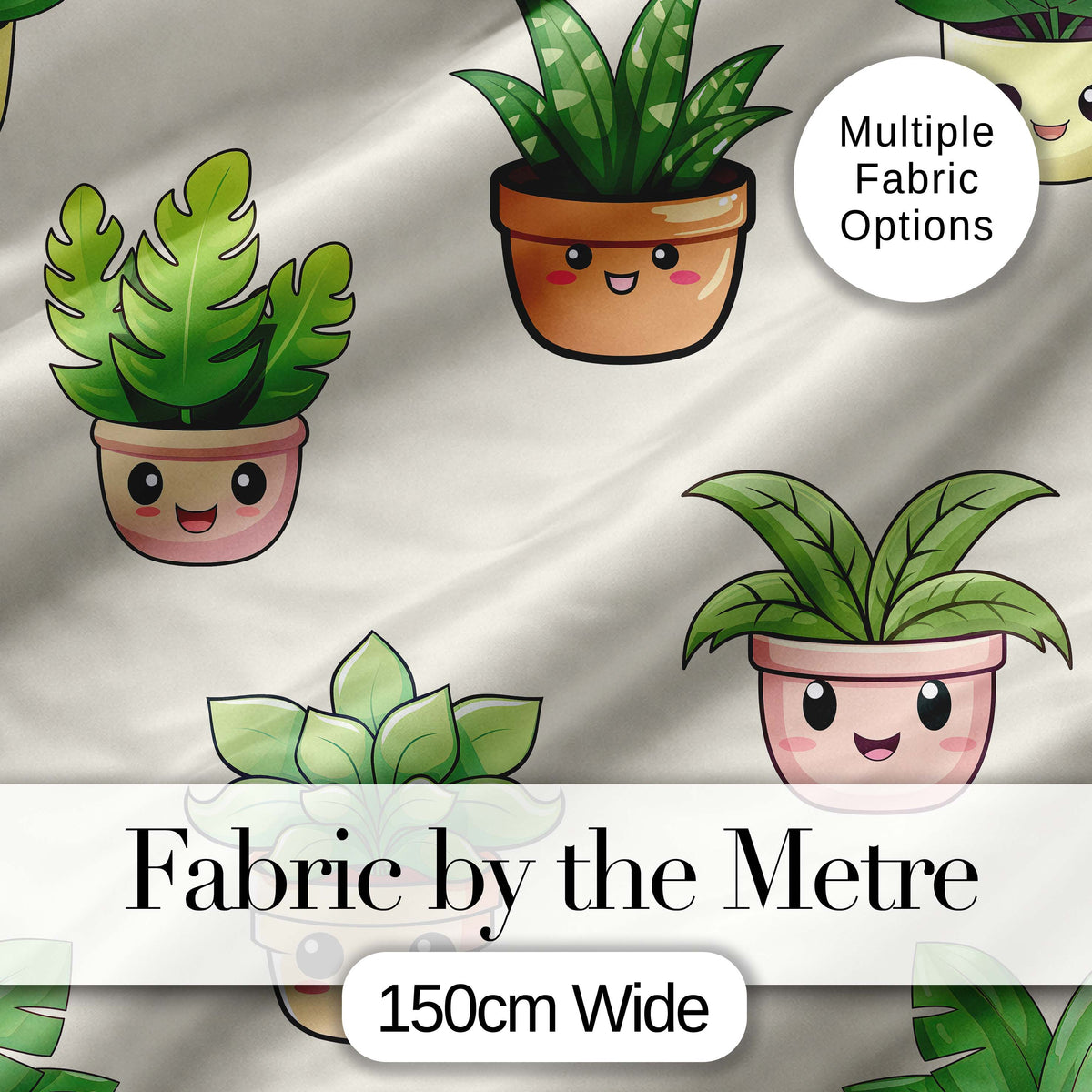 Cute Kawaii Smiling Plant Pots Leaves Seamless Pattern Cream Background Digital Print Fabric by the Metre UK Sewing Quilting Textile