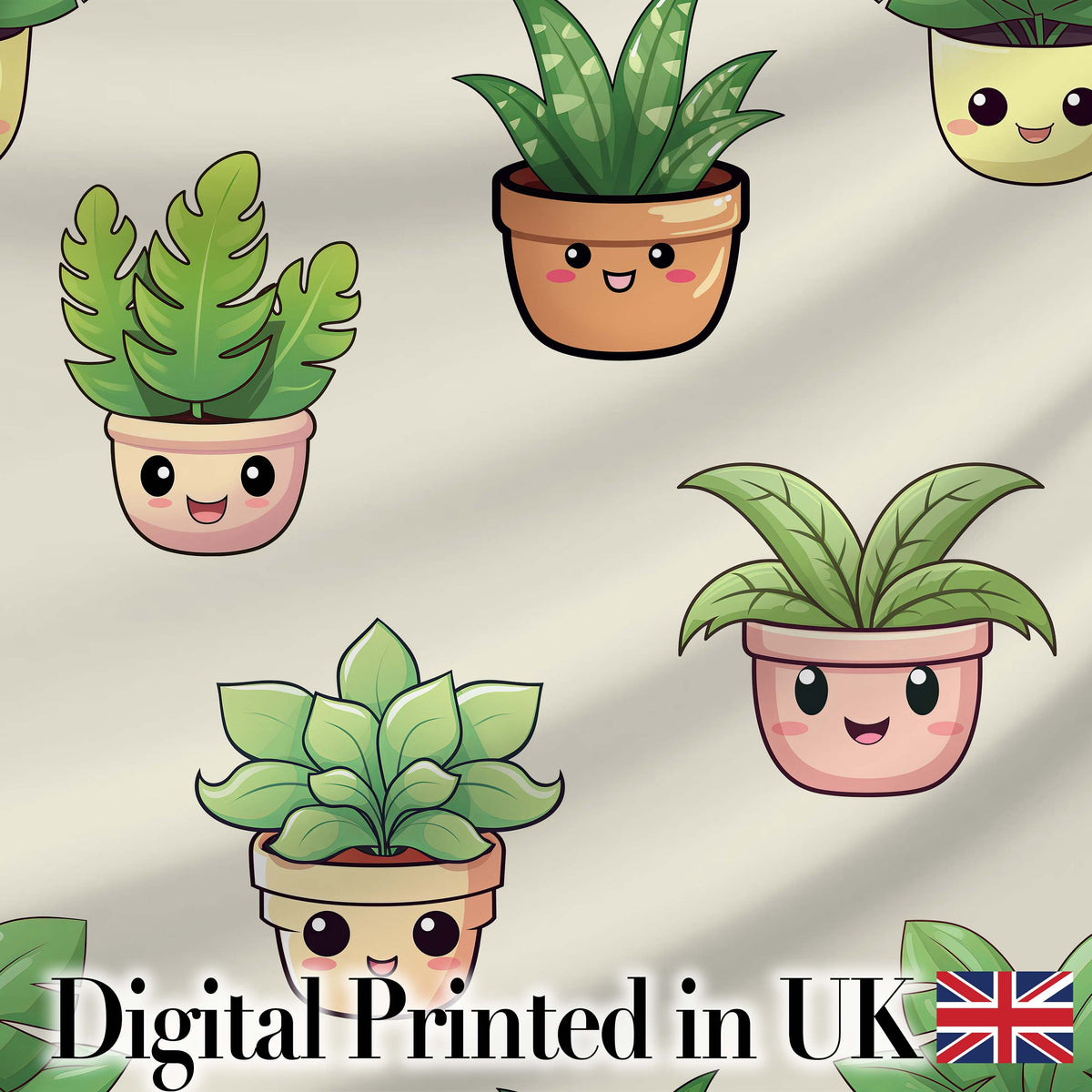 Cute Kawaii Smiling Plant Pots Leaves Seamless Pattern Cream Background Digital Print Fabric by the Metre UK Sewing Quilting Textile