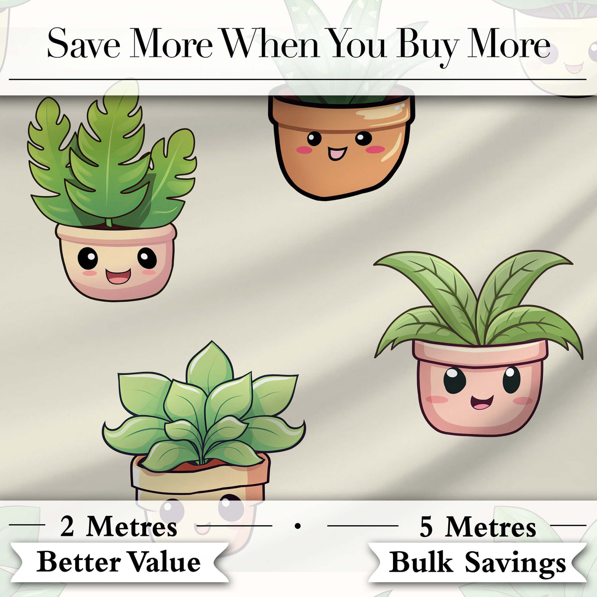 Cute Kawaii Smiling Plant Pots Leaves Seamless Pattern Cream Background Digital Print Fabric by the Metre UK Sewing Quilting Textile