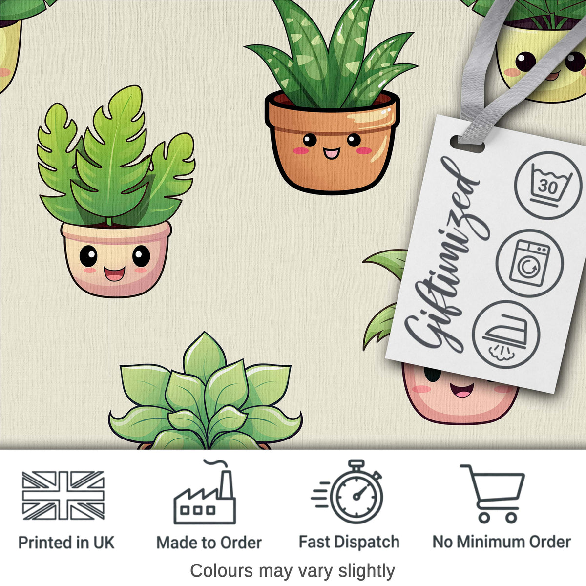 Cute Kawaii Smiling Plant Pots Leaves Seamless Pattern Cream Background Digital Print Fabric by the Metre UK Sewing Quilting Textile