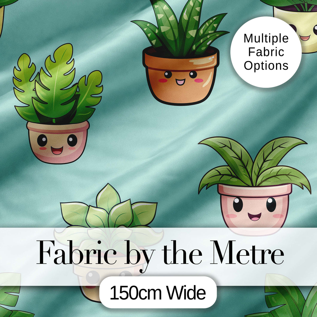 Cute Kawaii Smiling Plant Pots Leaves Seamless Pattern Mint Background Digital Print Fabric by the Metre UK Sewing Quilting Textile