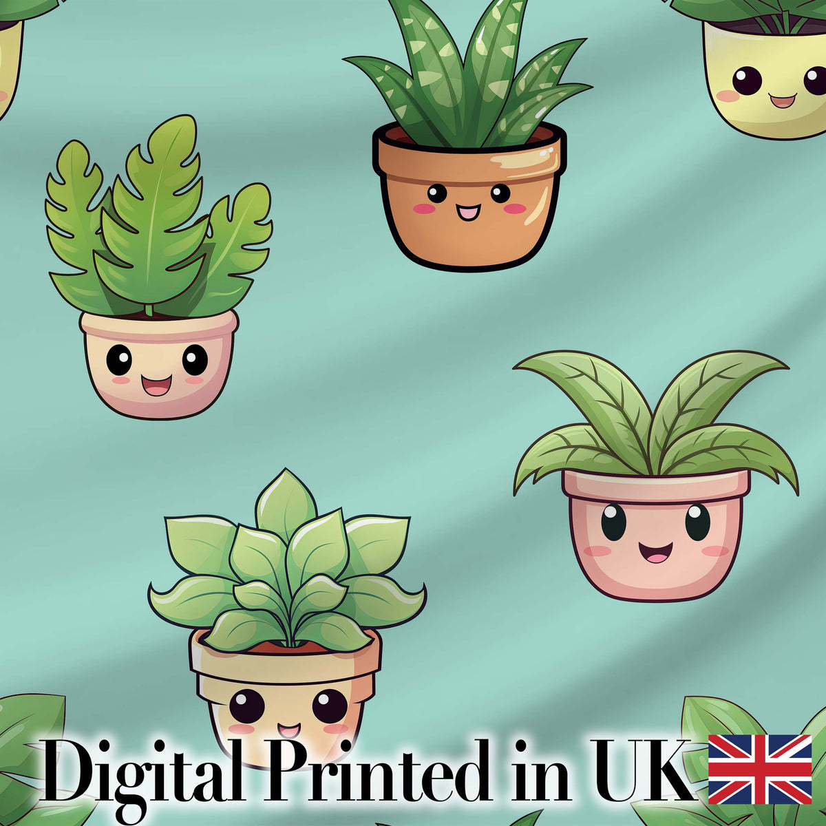 Cute Kawaii Smiling Plant Pots Leaves Seamless Pattern Mint Background Digital Print Fabric by the Metre UK Sewing Quilting Textile