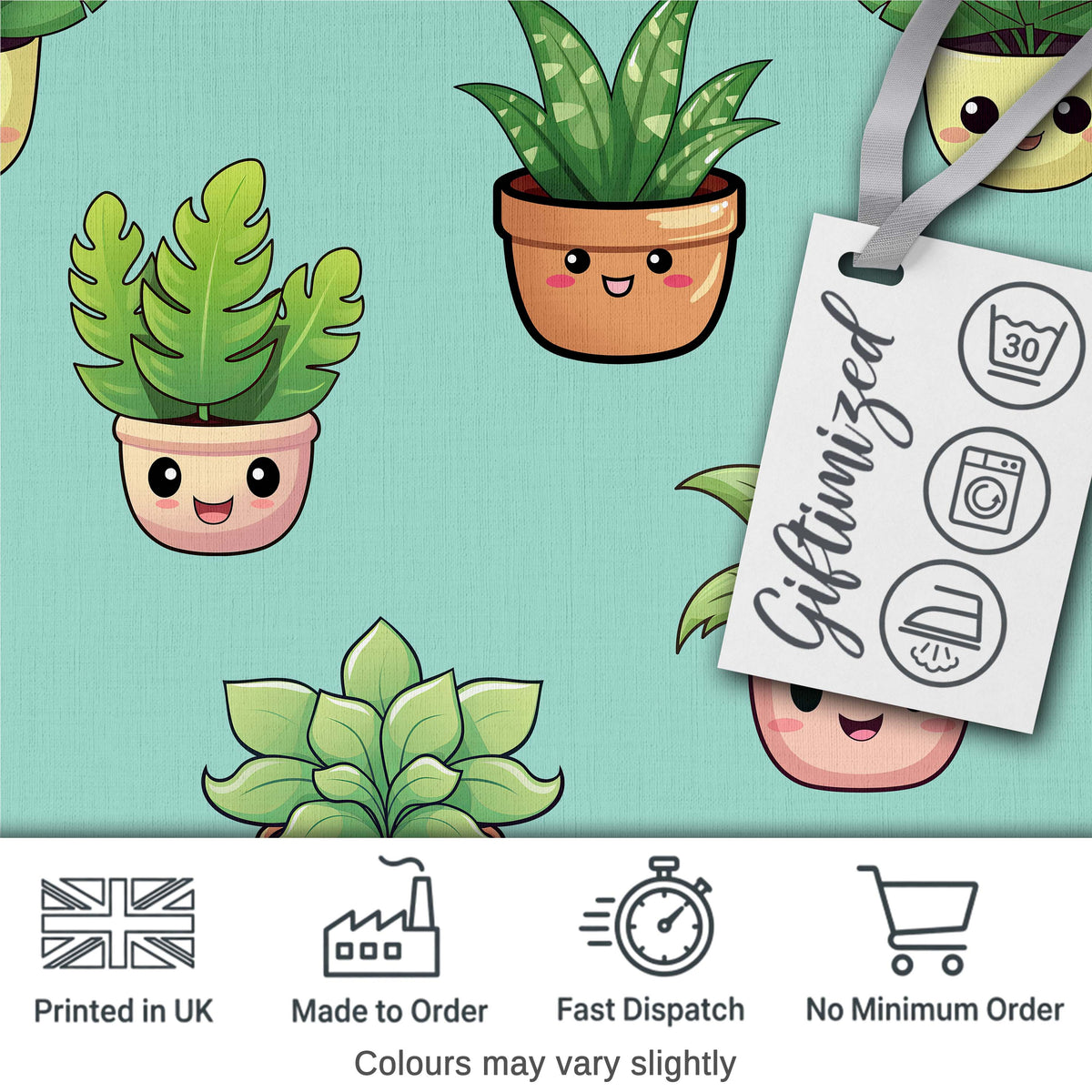 Cute Kawaii Smiling Plant Pots Leaves Seamless Pattern Mint Background Digital Print Fabric by the Metre UK Sewing Quilting Textile