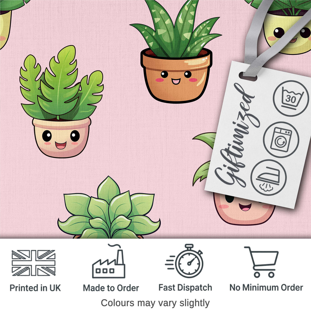 Cute Kawaii Smiling Plant Pots Leaves Seamless Pattern Blush Background Digital Print Fabric by the Metre UK Sewing Quilting Textile