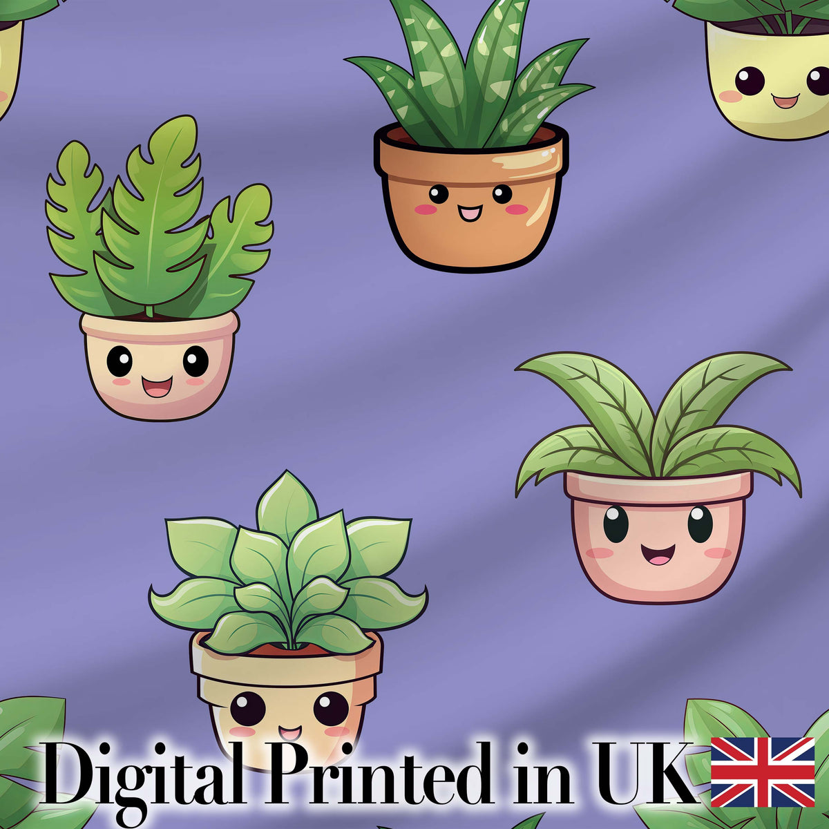 Cute Kawaii Smiling Plant Pots Leaves Seamless Pattern Purple Background Digital Print Fabric by the Metre UK Sewing Quilting Textile