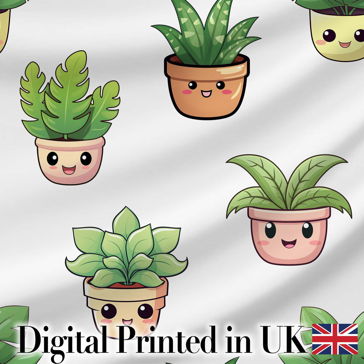 Cute Kawaii Smiling Plant Pots Leaves Seamless Pattern Grey Background Digital Print Fabric by the Metre UK Sewing Quilting Textile