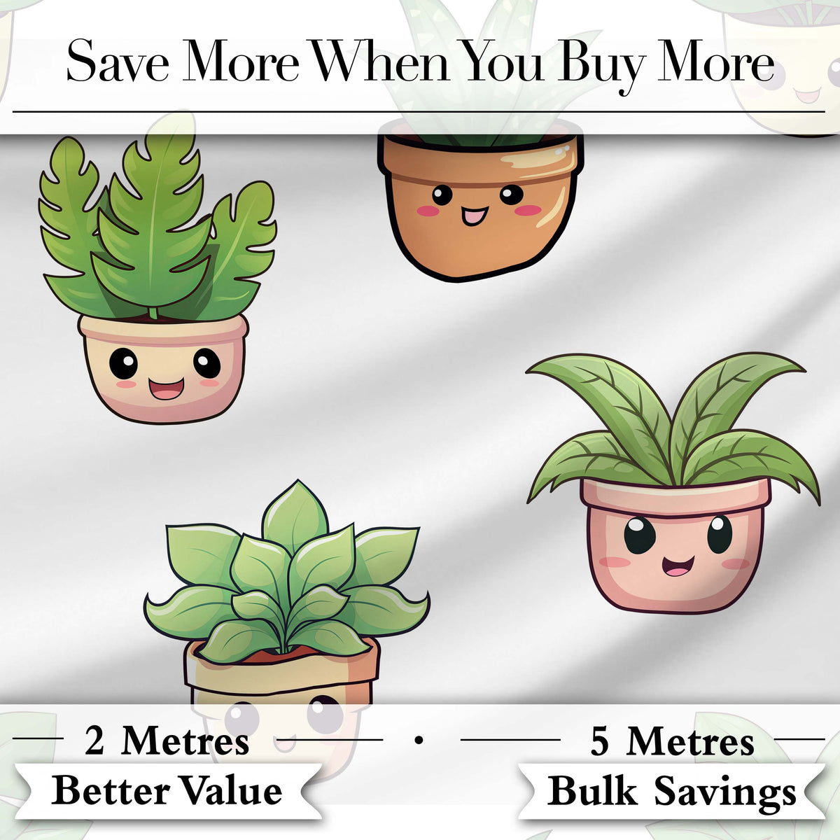 Cute Kawaii Smiling Plant Pots Leaves Seamless Pattern Grey Background Digital Print Fabric by the Metre UK Sewing Quilting Textile