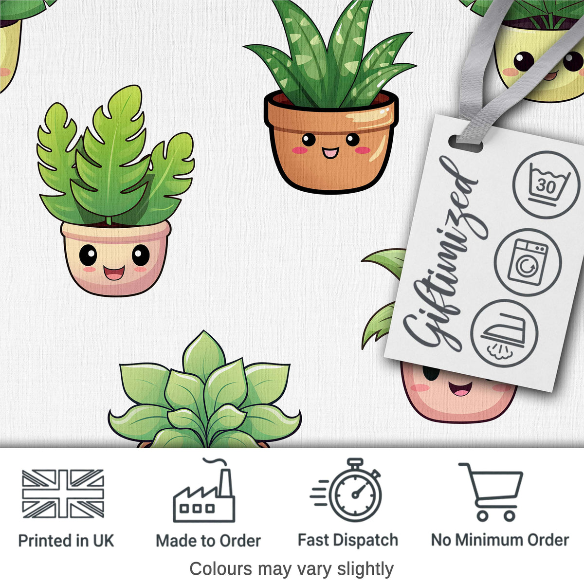 Cute Kawaii Smiling Plant Pots Leaves Seamless Pattern Grey Background Digital Print Fabric by the Metre UK Sewing Quilting Textile