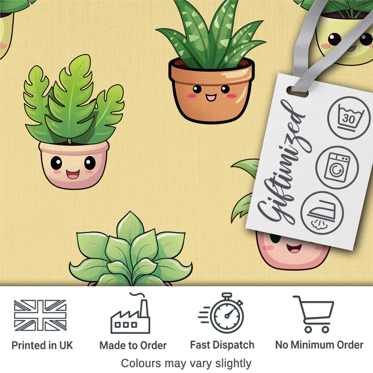 Cute Kawaii Smiling Plant Pots Leaves Seamless Pattern Yellow Background Digital Print Fabric by the Metre UK Sewing Quilting Textile