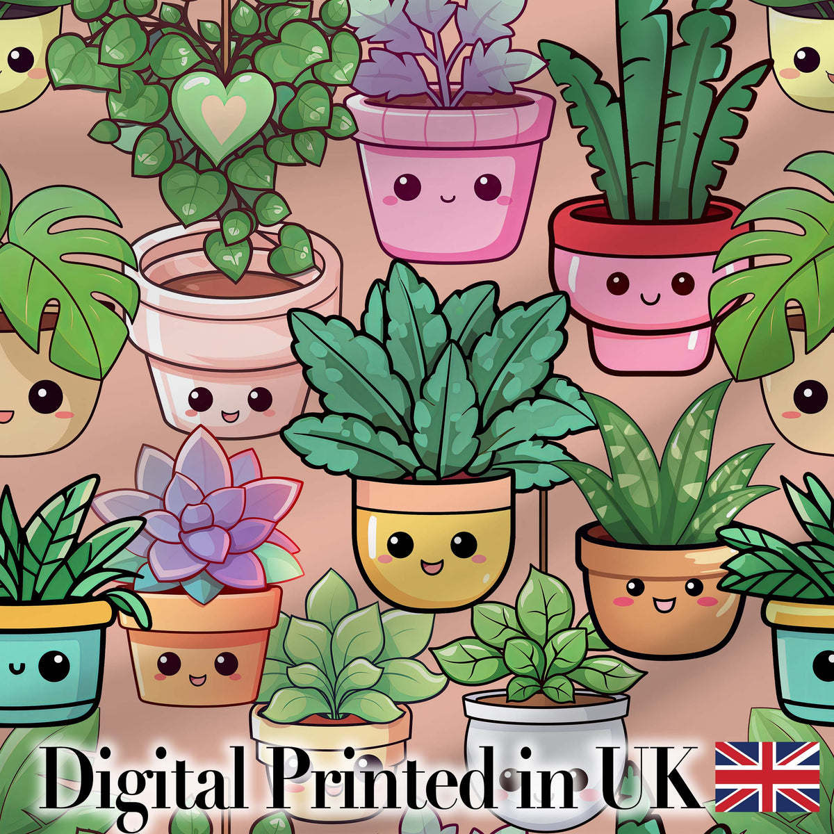 Cute Kawaii Smiling Plant Pots Succulents Leaves Pattern Peach Background Digital Print Fabric by the Metre UK Sewing Quilting Textile
