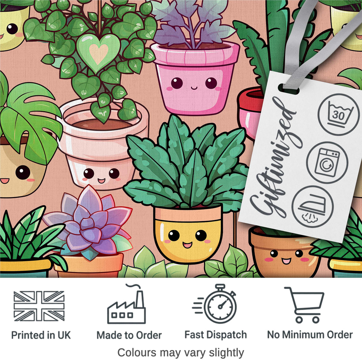 Cute Kawaii Smiling Plant Pots Succulents Leaves Pattern Peach Background Digital Print Fabric by the Metre UK Sewing Quilting Textile