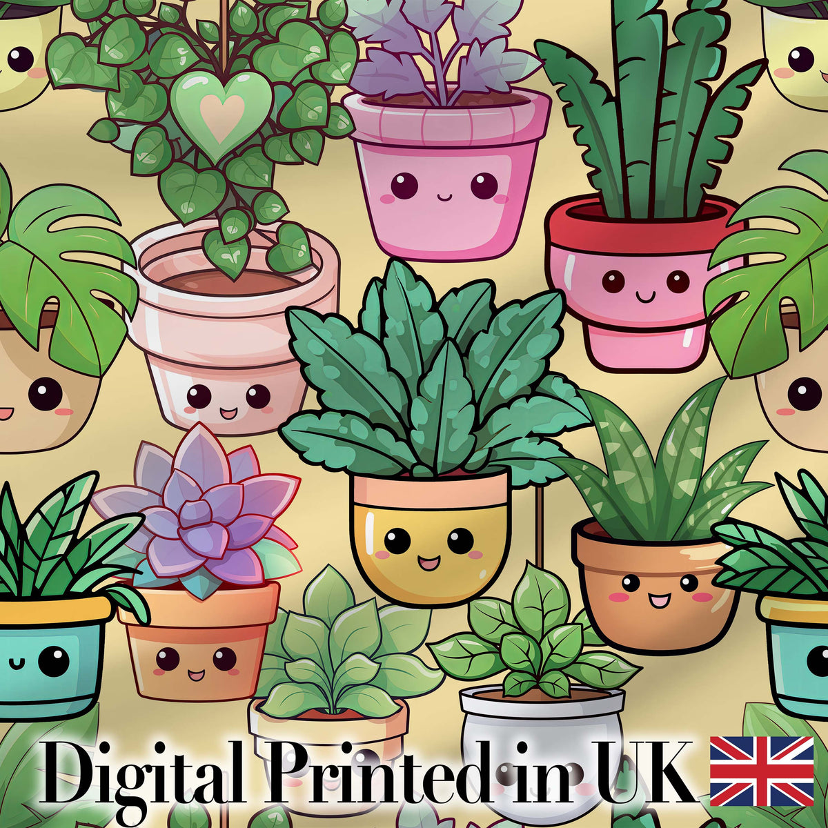 Cute Kawaii Smiling Plant Pots Succulents Leaves Pattern Yellow Background Digital Print Fabric by the Metre UK Sewing Quilting Textile