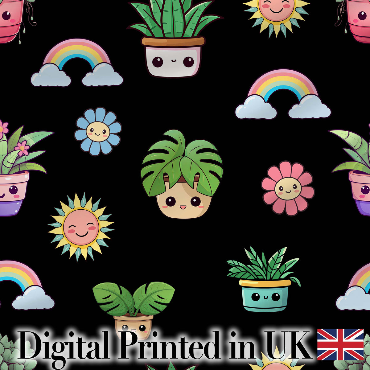 Cute Kawaii Rainbow Sun Flowers Plant Pots Seamless Pattern Black Background Digital Print Fabric by the Metre UK Sewing Quilting Textile