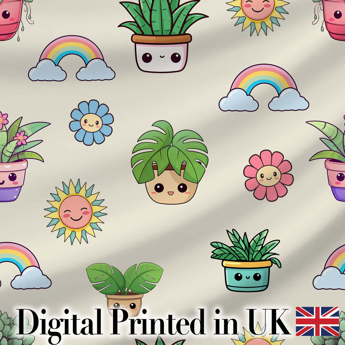 Cute Kawaii Rainbow Sun Flowers Plant Pots Seamless Pattern Cream Background Digital Print Fabric by the Metre UK Sewing Quilting Textile