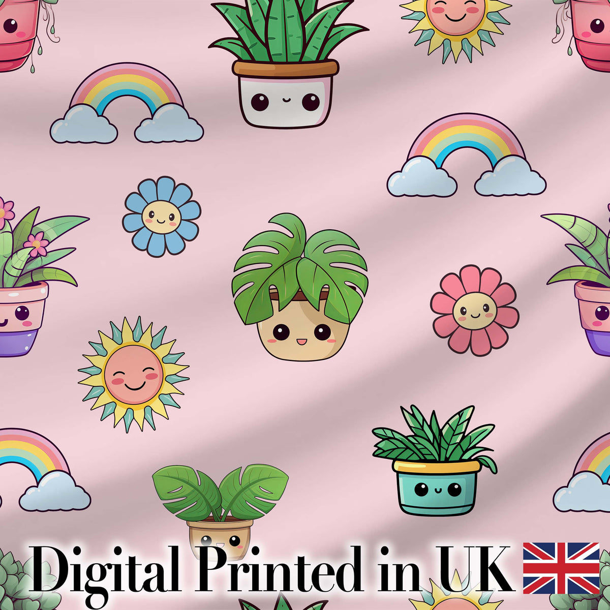 Cute Kawaii Rainbow Sun Flowers Plant Pots Seamless Pattern Pink Background Digital Print Fabric by the Metre UK Sewing Quilting Textile