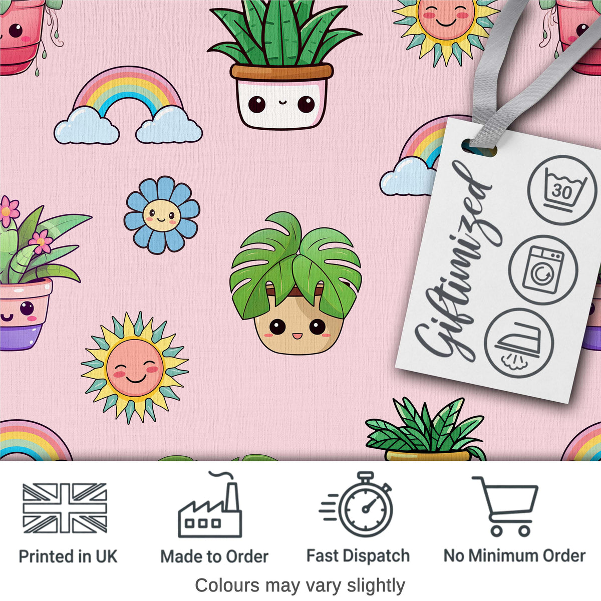 Cute Kawaii Rainbow Sun Flowers Plant Pots Seamless Pattern Pink Background Digital Print Fabric by the Metre UK Sewing Quilting Textile