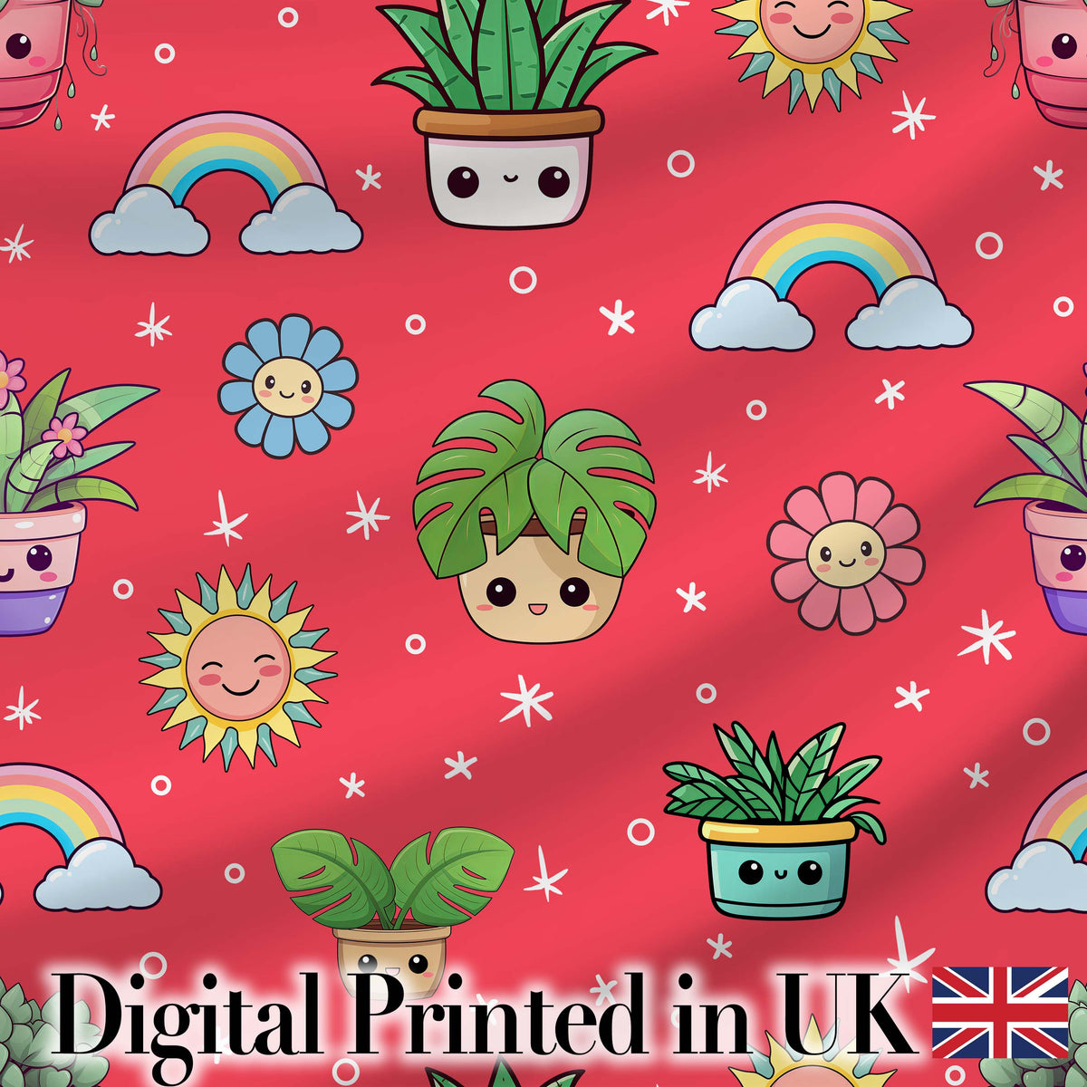 Cute Kawaii Plants Rainbow Sun Flowers Seamless Pattern Red Background Digital Print Fabric by the Metre UK Sewing Quilting Textile