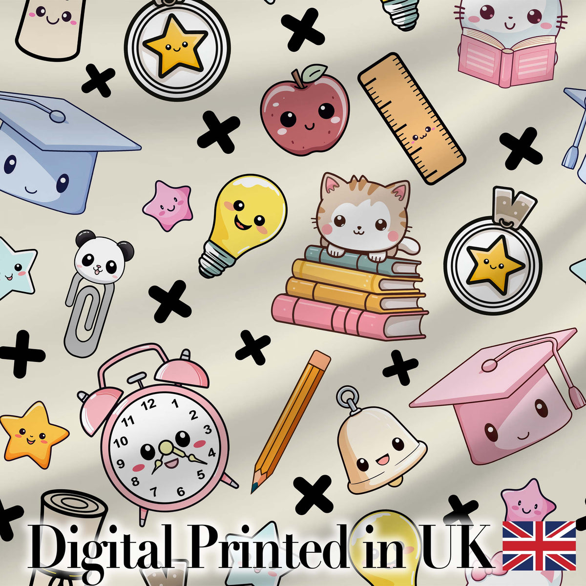 Cute Kawaii School Cat Books Apple Clock Supplies Pattern Cream Background Digital Print Fabric by the Metre UK Sewing Quilting Textile