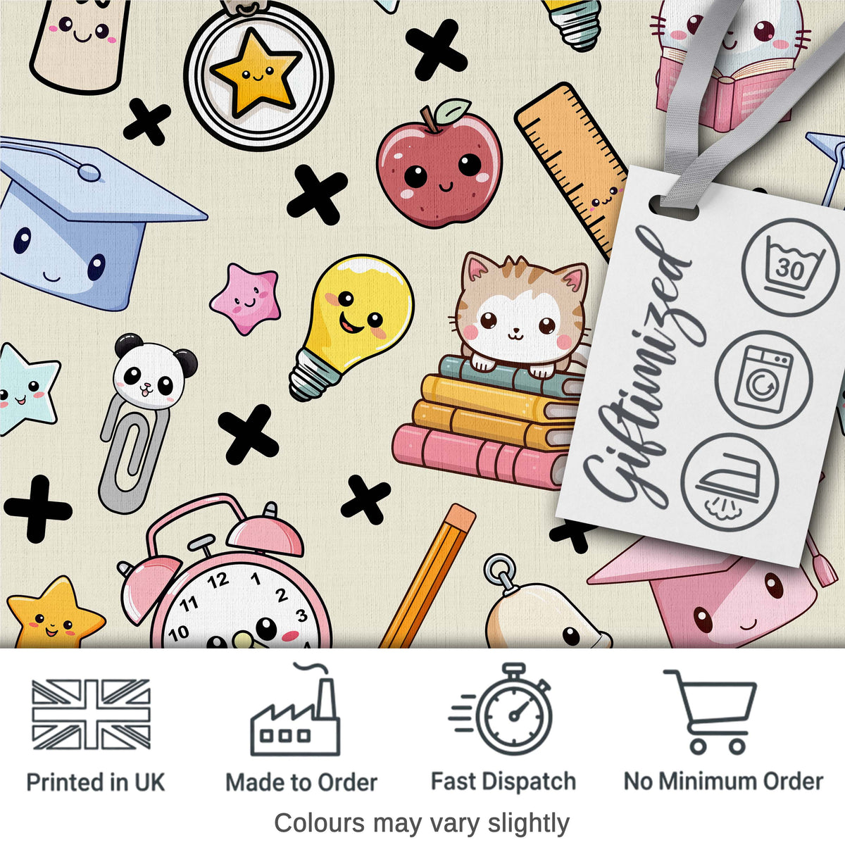 Cute Kawaii School Cat Books Apple Clock Supplies Pattern Cream Background Digital Print Fabric by the Metre UK Sewing Quilting Textile