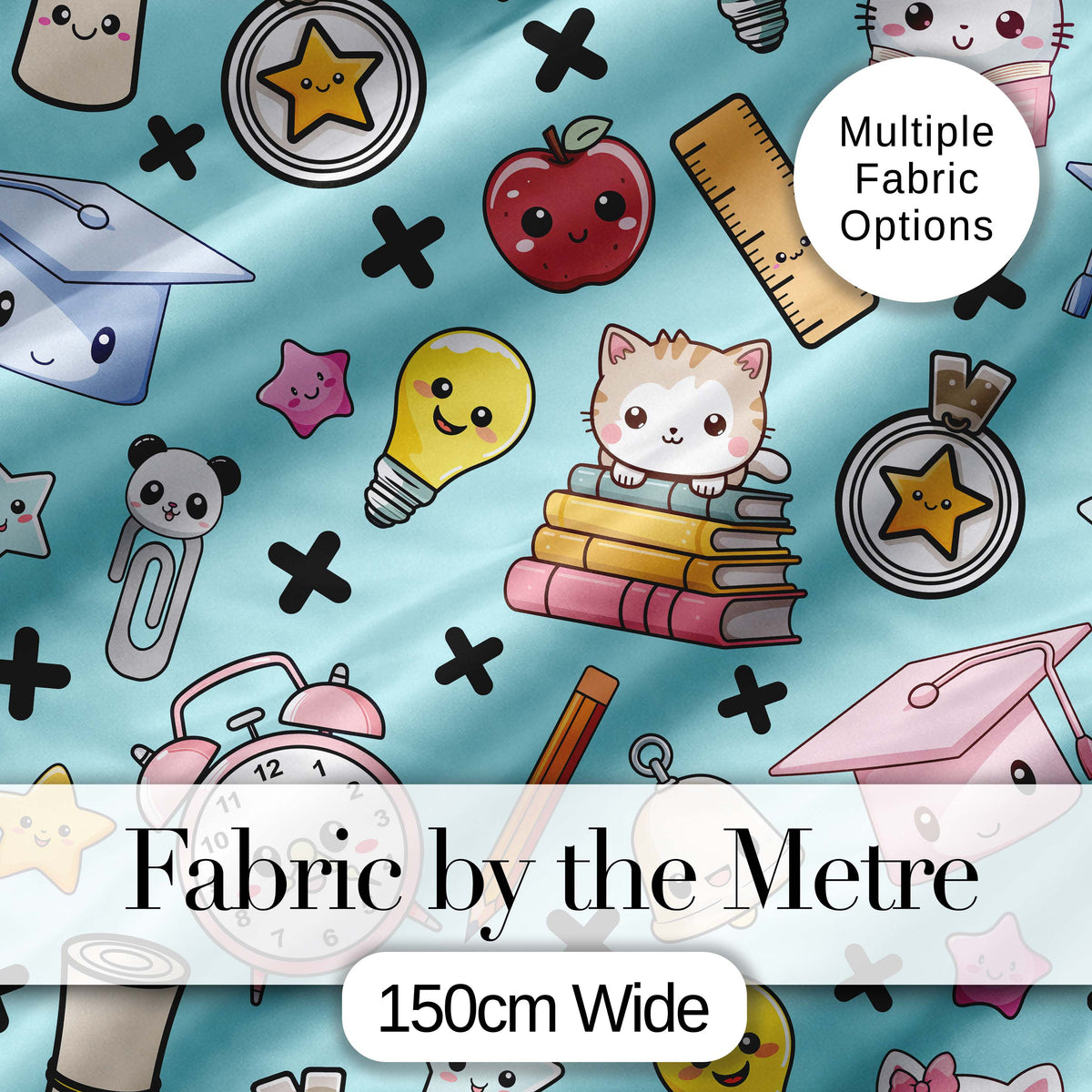 Cute Kawaii School Cat Books Apple Clock Supplies Pattern Blue Background Digital Print Fabric by the Metre UK Sewing Quilting Textile