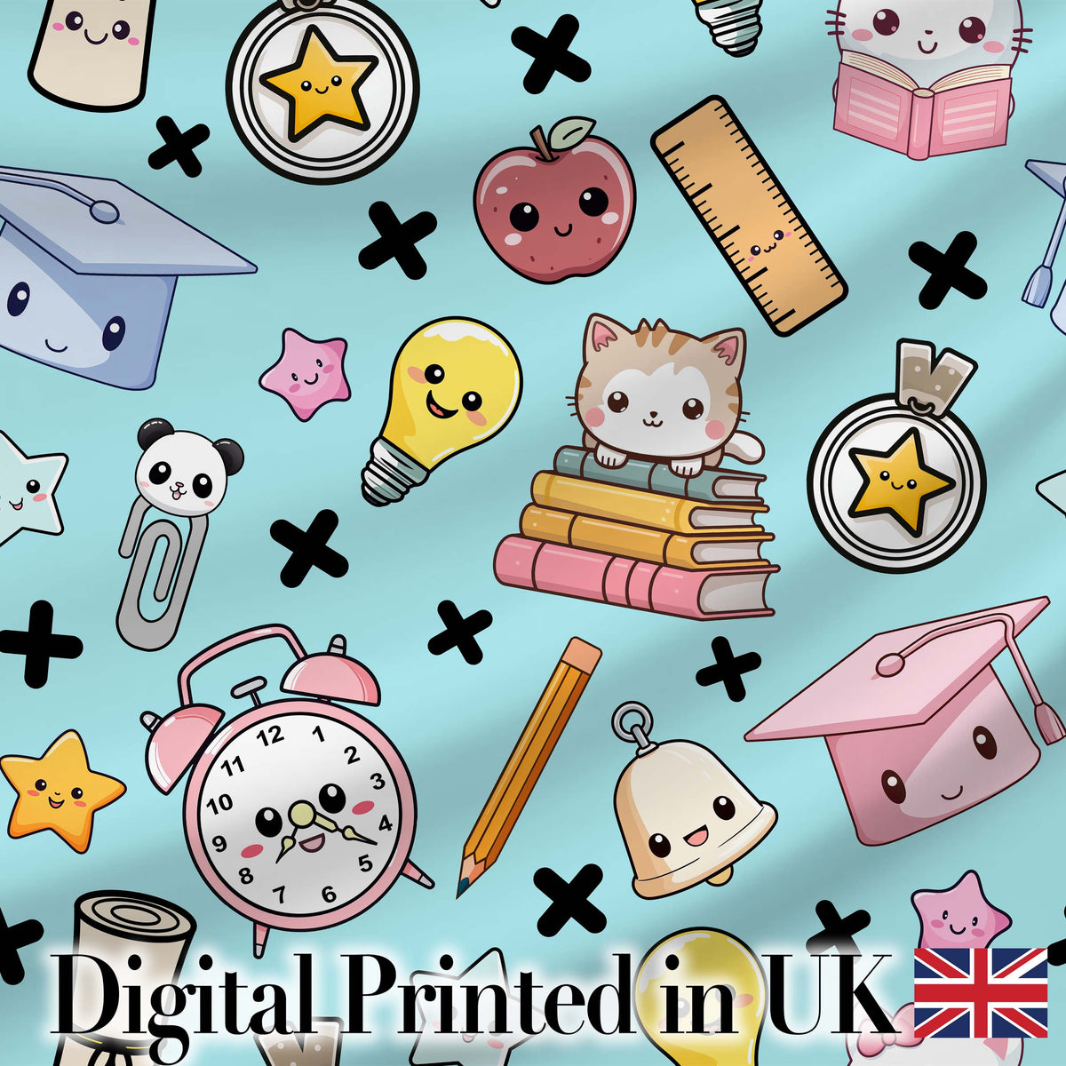 Cute Kawaii School Cat Books Apple Clock Supplies Pattern Blue Background Digital Print Fabric by the Metre UK Sewing Quilting Textile
