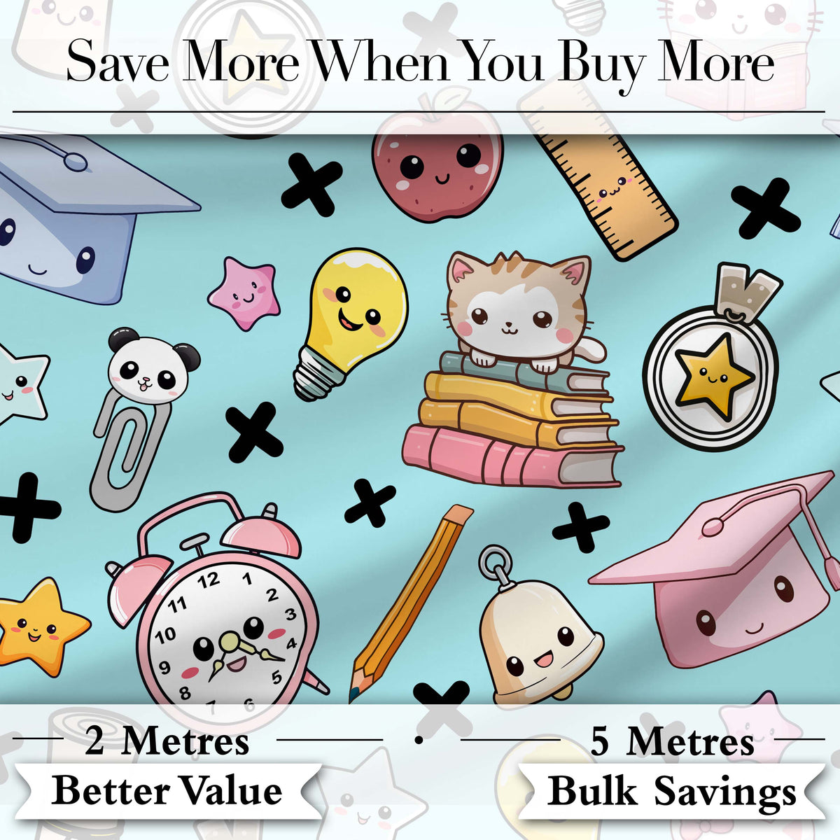 Cute Kawaii School Cat Books Apple Clock Supplies Pattern Blue Background Digital Print Fabric by the Metre UK Sewing Quilting Textile