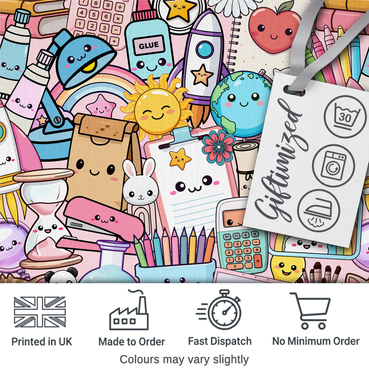 Cute Kawaii School Supplies Science Art Cute Pattern Pink Background Digital Print Fabric by the Metre UK Sewing Quilting Textile