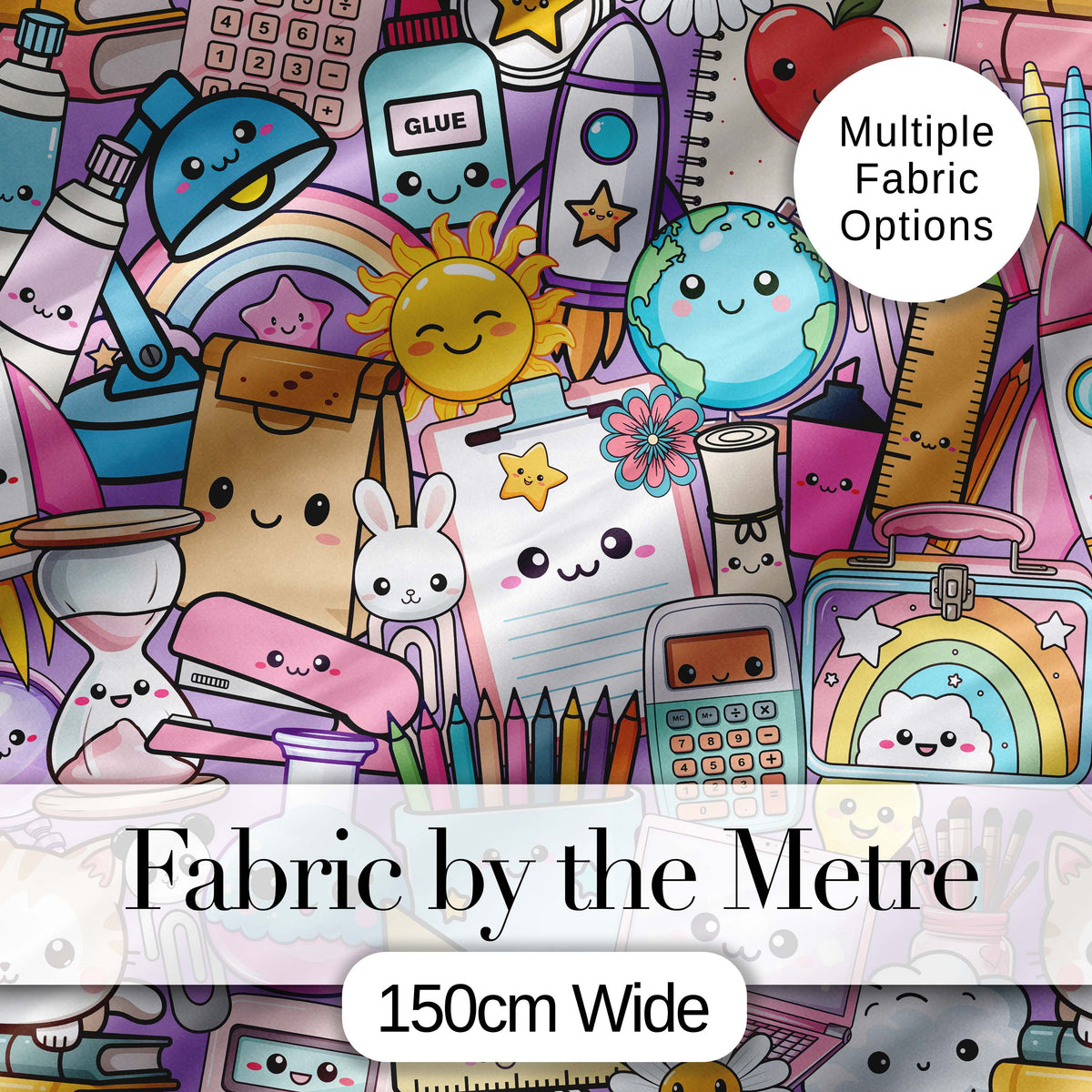 Cute Kawaii School Supplies Science Art Cute Pattern Purple Background Digital Print Fabric by the Metre UK Sewing Quilting Textile