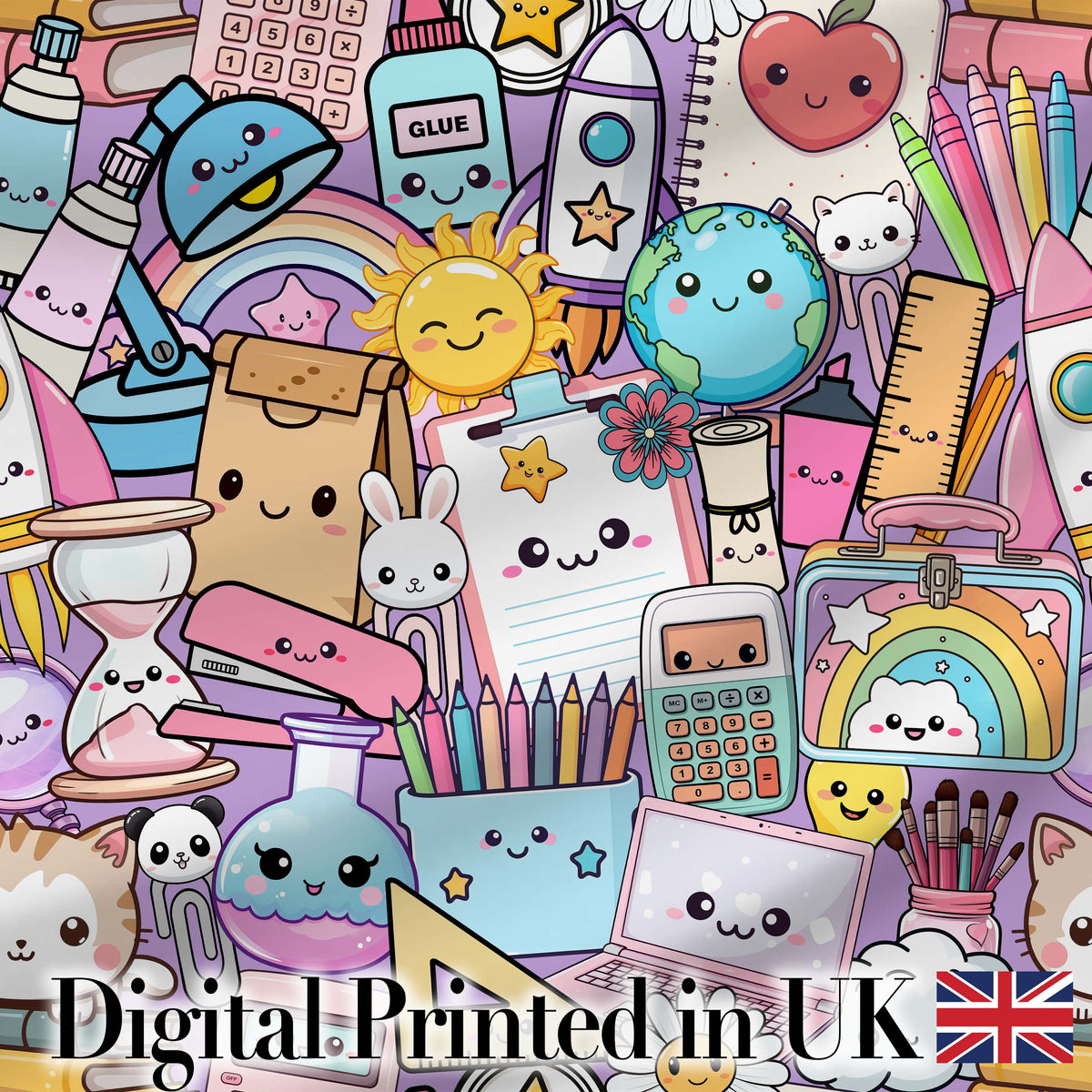 Cute Kawaii School Supplies Science Art Cute Pattern Purple Background Digital Print Fabric by the Metre UK Sewing Quilting Textile