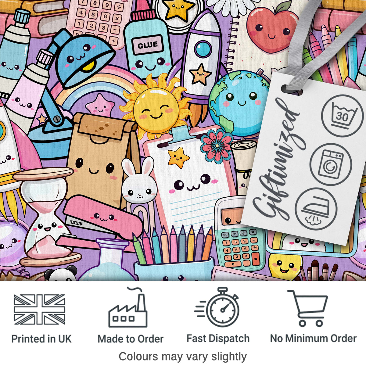 Cute Kawaii School Supplies Science Art Cute Pattern Purple Background Digital Print Fabric by the Metre UK Sewing Quilting Textile